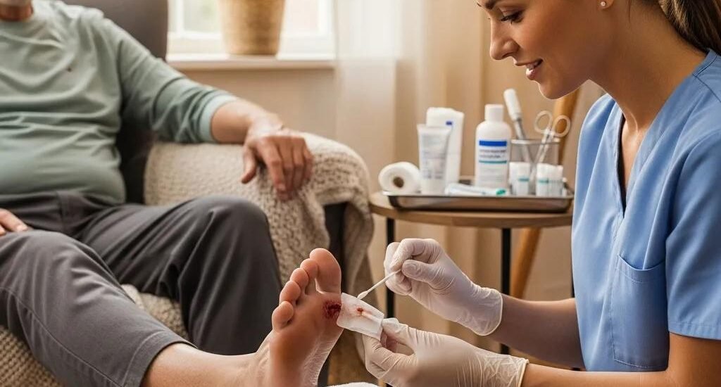 Healthcare professional treating diabetic foot ulcer in home setting, applying care with sterile tools, patient seated nearby, emphasizing mobile wound care and patient education.