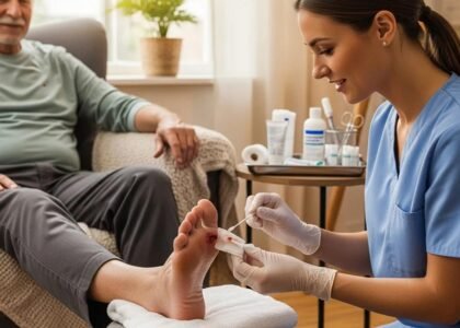 Healthcare professional examining diabetic foot for ulcers in a home setting, demonstrating wound care treatment and patient support.