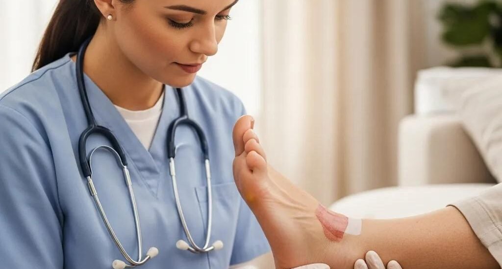 Healthcare professional examining diabetic patient's foot for wound care, emphasizing advanced mobile wound care solutions.