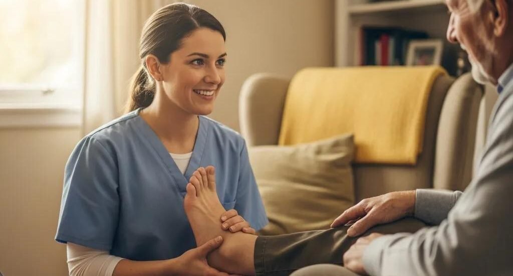 Healthcare professional providing diabetic foot care to a patient in a home setting, emphasizing expert mobile treatment for effective wound healing.
