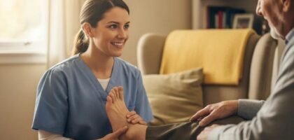 Healthcare professional providing diabetic foot care to a patient in a home setting, emphasizing in-home treatment and personalized wound care.