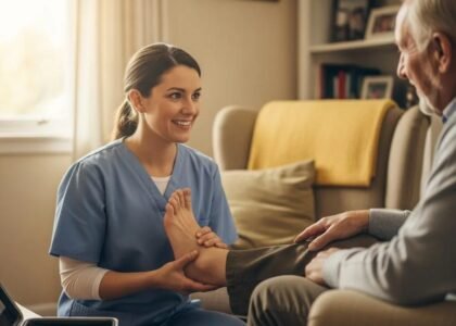 Healthcare professional providing diabetic foot care to a patient in a home setting, emphasizing in-home treatment and personalized care.