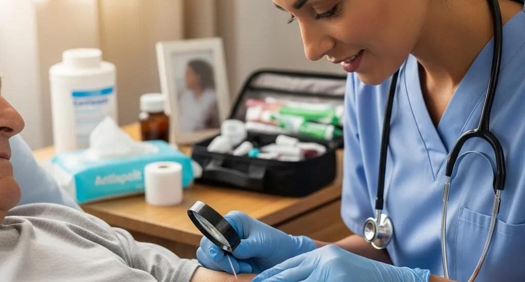 Healthcare professional examining the skin of a bedridden elderly patient, emphasizing wound care and pressure ulcer management, with medical supplies visible in the background.