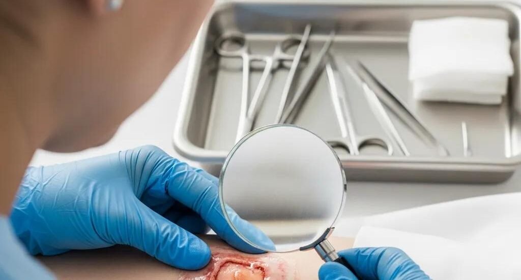 Healthcare professional examining wound exudate in a clinical setting