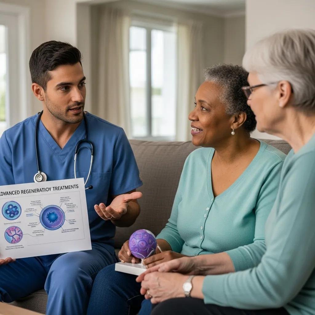 Healthcare professional explaining advanced regenerative treatments for wound care to two elderly women, highlighting biologics and cell-based therapies.