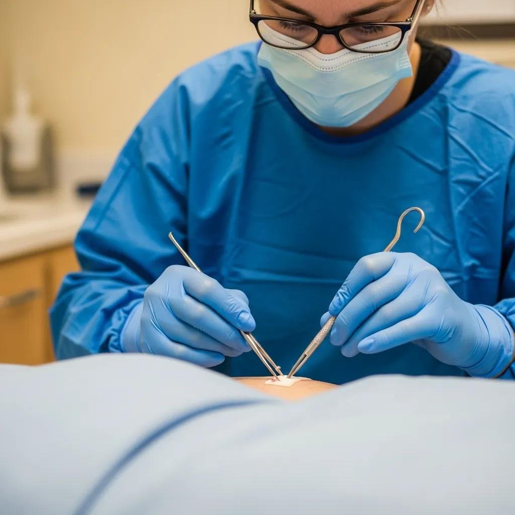 Healthcare professional performing debridement on a chronic wound to promote healing and reduce pain, wearing blue surgical attire and gloves in a clinical setting.