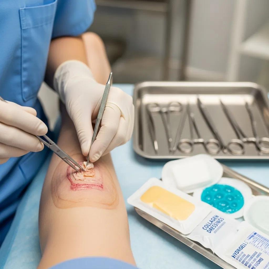 Healthcare professional performing debridement on a wound, using instruments and biologic dressings for advanced wound care treatment.