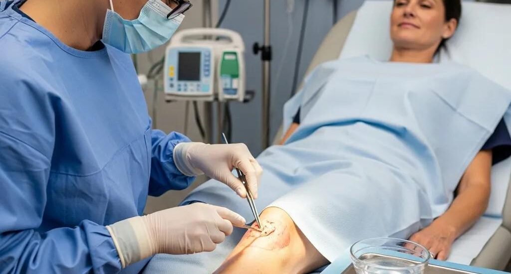 Healthcare professional performing wound debridement on a patient's leg, emphasizing effective healing techniques in a clinical setting.