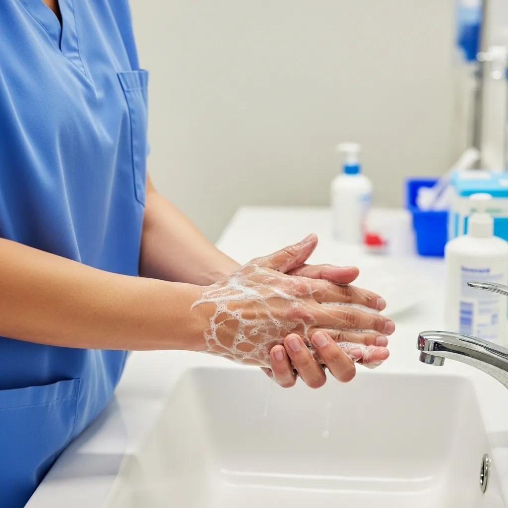 Clinician performing hand hygiene before wound care