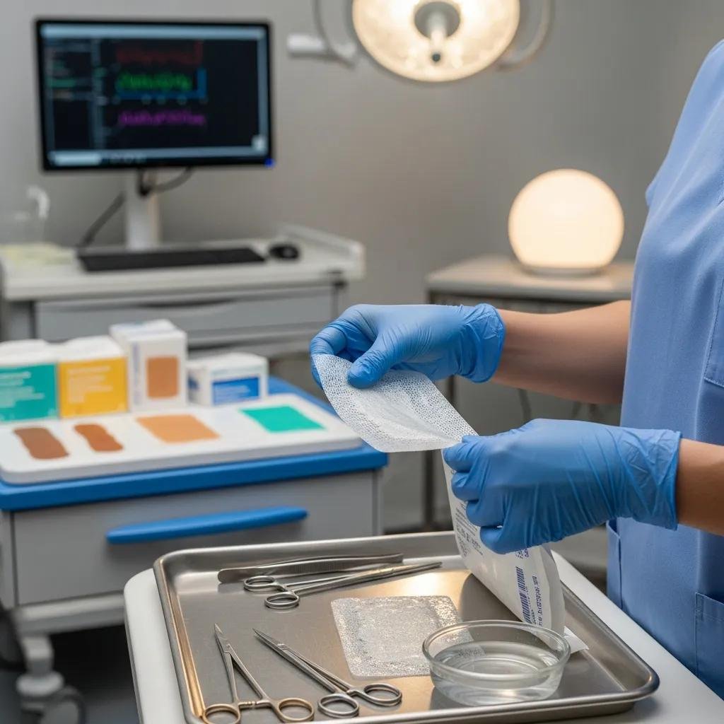 Healthcare professional preparing biologic dressing for wound treatment, showcasing advanced regenerative techniques in mobile wound care setup.