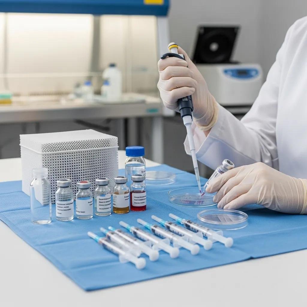 Healthcare professional preparing regenerative therapy materials for chronic wound healing, using a pipette to transfer substances into petri dishes, surrounded by vials and syringes on a blue tablecloth.