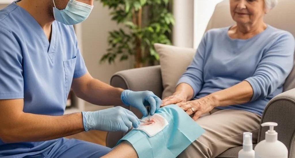 Healthcare professional providing advanced wound care treatment to an elderly patient at home, focusing on healing and comfort, with medical supplies visible.