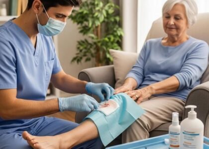 Healthcare professional providing advanced wound care treatment to a patient at home, showcasing personalized chronic wound management solutions.