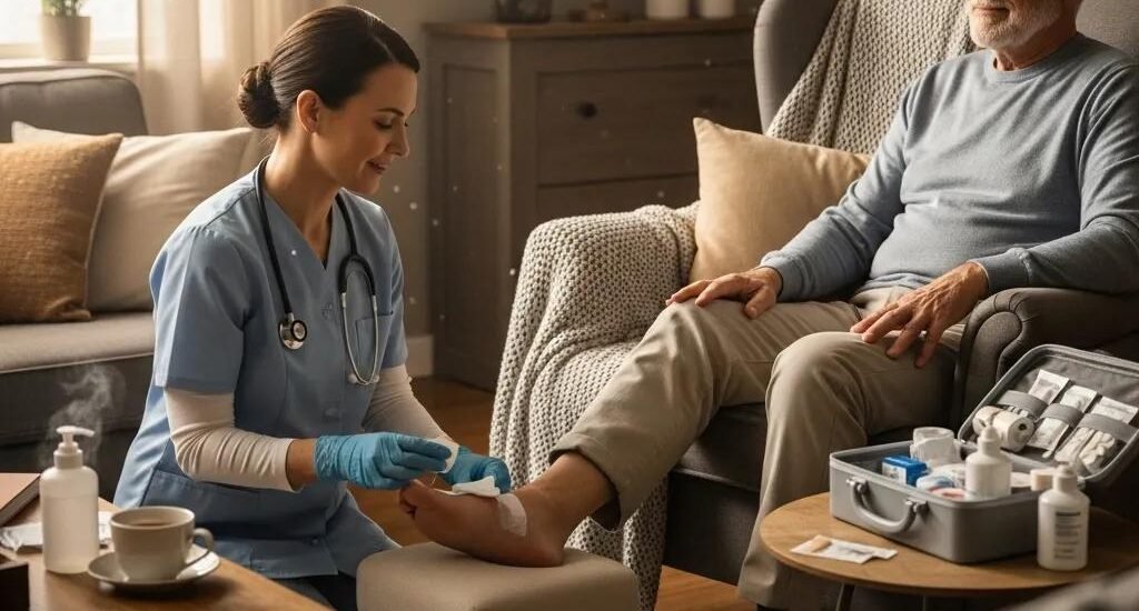 Healthcare professional providing at-home wound care to a diabetic patient, focusing on foot treatment in a cozy living room setting, highlighting mobile wound care services.
