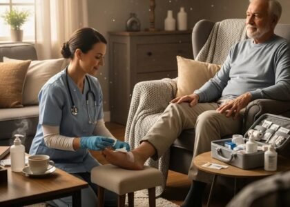 Healthcare professional providing at-home wound care to a diabetic patient in a cozy living room, emphasizing personalized care and recovery strategies.