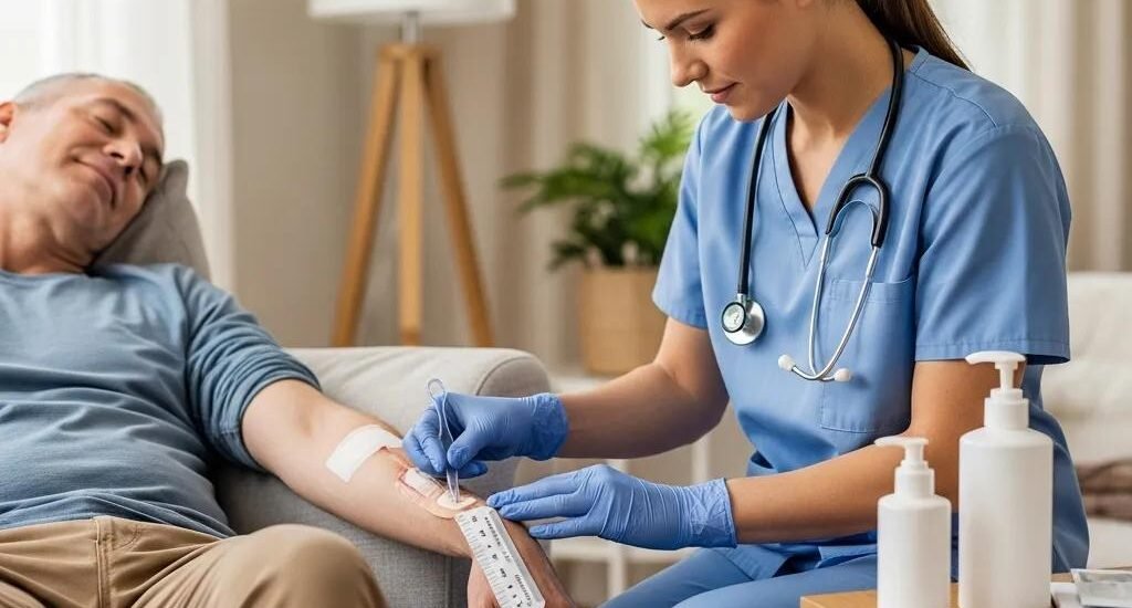 Healthcare professional providing compassionate care for chronic wound management in a home setting, assisting a patient with treatment, featuring medical supplies and a relaxed environment.