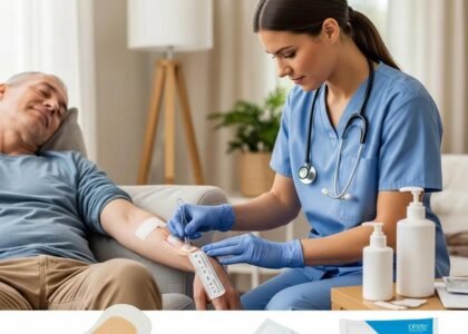 Healthcare professional providing compassionate chronic wound care in a home setting, assisting a patient with wound management, featuring medical supplies and a comfortable environment.