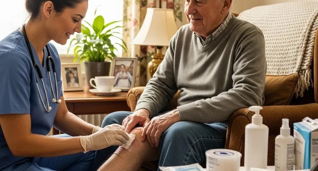 Healthcare professional providing compassionate wound care to an elderly patient, emphasizing emotional support in a home setting, with medical supplies visible.