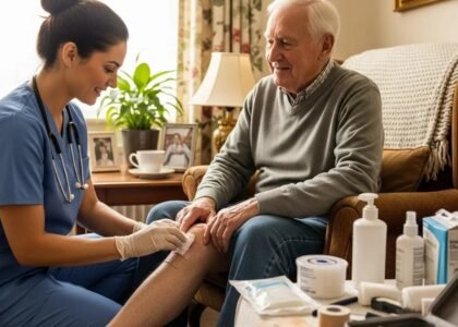 Healthcare professional providing compassionate wound care to elderly patient, emphasizing emotional support and effective treatment strategies for chronic wounds.