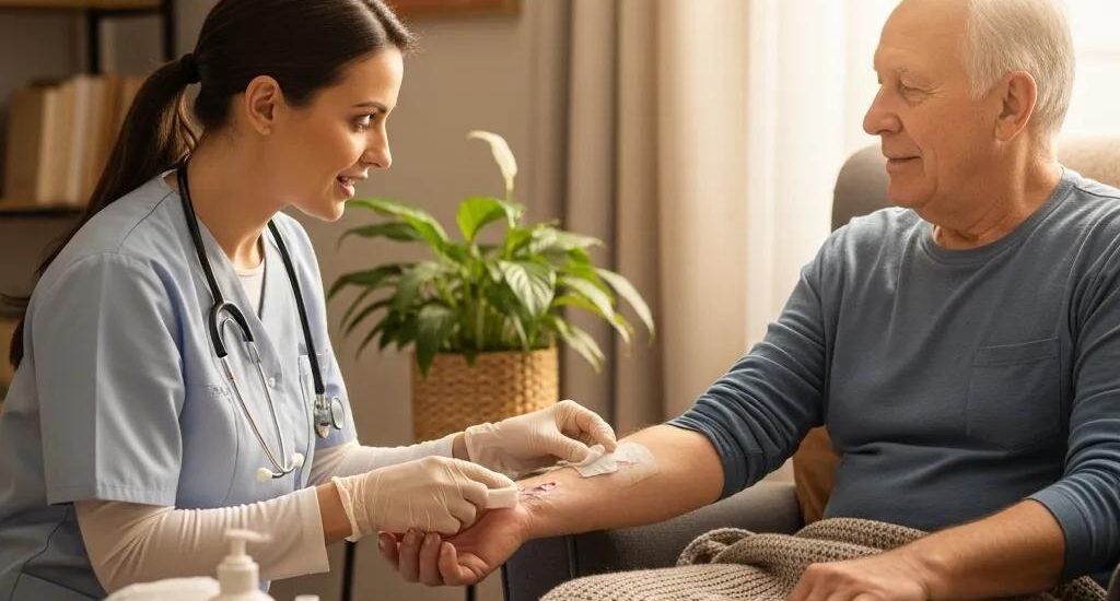 Healthcare professional providing compassionate wound care to an elderly patient in a cozy home environment, emphasizing mobile wound care services and the importance of early intervention for chronic wounds.