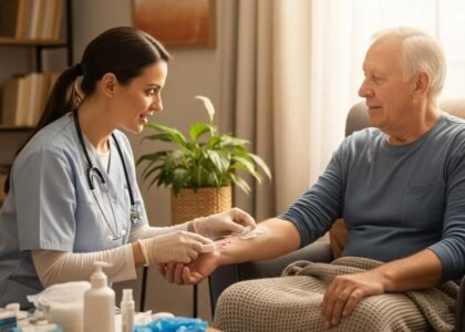 Healthcare professional providing compassionate wound care to an elderly man in a cozy home environment, with medical supplies visible on a table nearby.