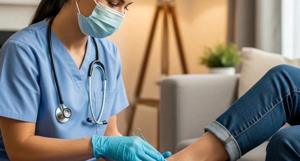 Healthcare professional providing in-home wound care to a patient, emphasizing comfort and personalized treatment in a cozy living room setting.