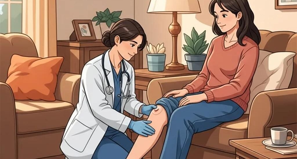 Healthcare professional providing mobile wound care to a patient in a home setting, emphasizing personalized treatment and infection prevention.