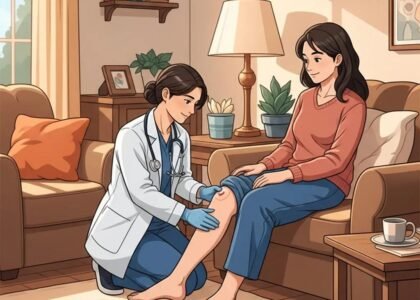 Healthcare professional providing mobile wound care to a patient in a home setting, focusing on personalized treatment and comfort.