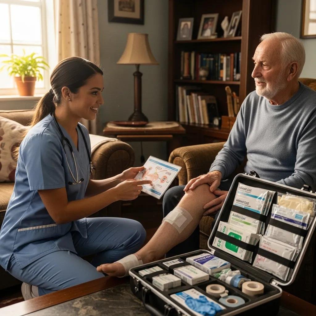 Healthcare professional providing mobile wound care to a patient at home, discussing treatment options with a wound care kit visible, emphasizing personalized care and advanced products.