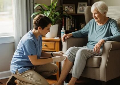 Healthcare professional providing mobile wound care to an elderly patient at home, demonstrating effective wound treatment and patient support.
