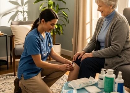 Healthcare professional providing mobile wound care to an elderly patient at home, emphasizing comfort and accessibility, with medical supplies visible on a table.