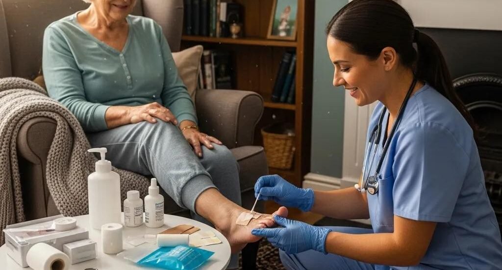 Healthcare professional providing mobile wound care to elderly patient at home, emphasizing personalized treatment and comfort with medical supplies visible.