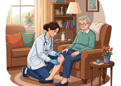 Healthcare professional providing mobile wound care to an elderly patient in a cozy home environment