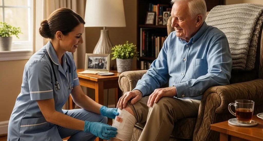 Healthcare professional providing mobile wound care to elderly patient at home, demonstrating personalized treatment for chronic wounds in a comfortable living environment.