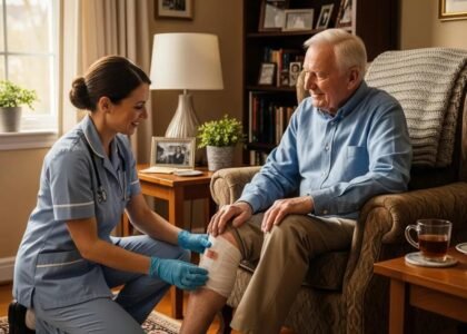 Healthcare professional providing mobile wound care to an elderly patient in a home setting, focusing on chronic wound management and personalized treatment solutions.