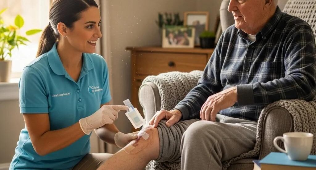 Healthcare professional providing mobile wound care to elderly patient with venous leg ulcer at home, emphasizing advanced care options and patient comfort.