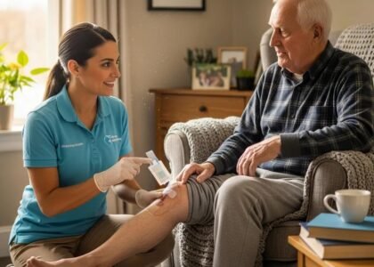 Healthcare professional providing mobile wound care to elderly patient with venous leg ulcer at home, demonstrating effective treatment strategies for enhanced healing.