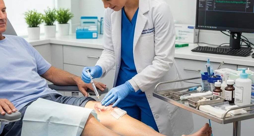 Healthcare professional administering stem cell therapy to a patient&rsquo;s chronic wound in a clinical setting, with medical supplies and equipment visible.