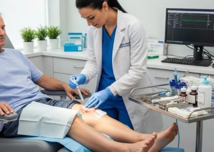Healthcare professional providing stem cell therapy for chronic wound care, patient seated, leg treatment, medical supplies visible, promoting advanced healing techniques.