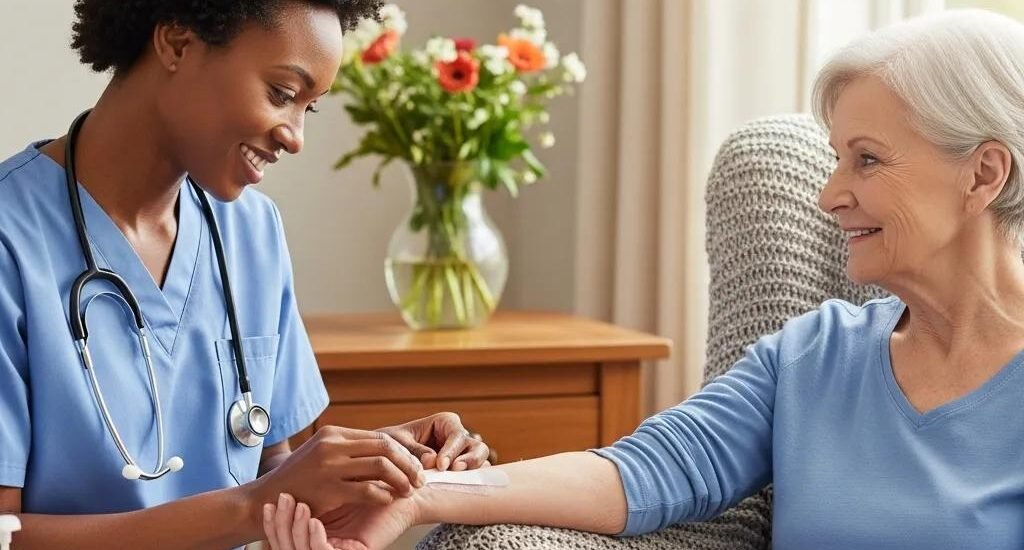 Healthcare professional providing wound care to an elderly patient in a home setting, emphasizing personalized care and comfort.