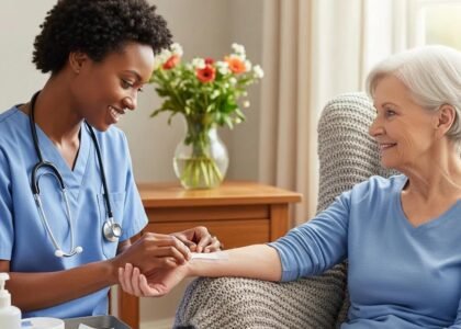 Healthcare professional providing wound care to elderly woman in home setting, emphasizing patient-centered care and recovery.