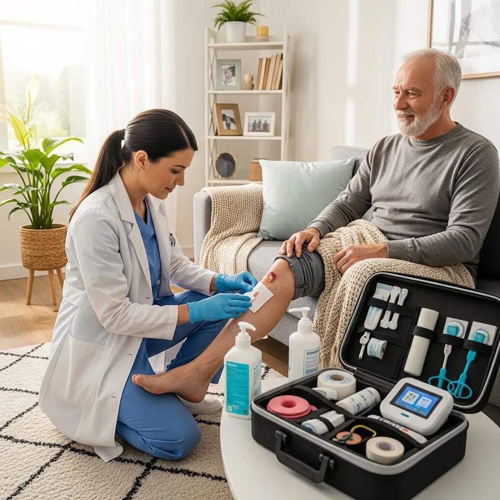 Healthcare professional providing wound care to a patient at home, emphasizing mobile care benefits, with medical supplies visible in a case nearby.