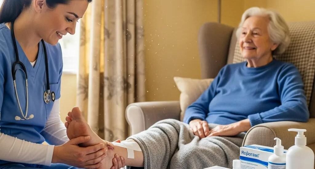 Healthcare professional providing wound care to an elderly patient at home, highlighting chronic wound management and mobile care services.