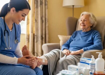 Healthcare professional providing wound care to a patient at home, emphasizing mobile wound care solutions for chronic wound management.