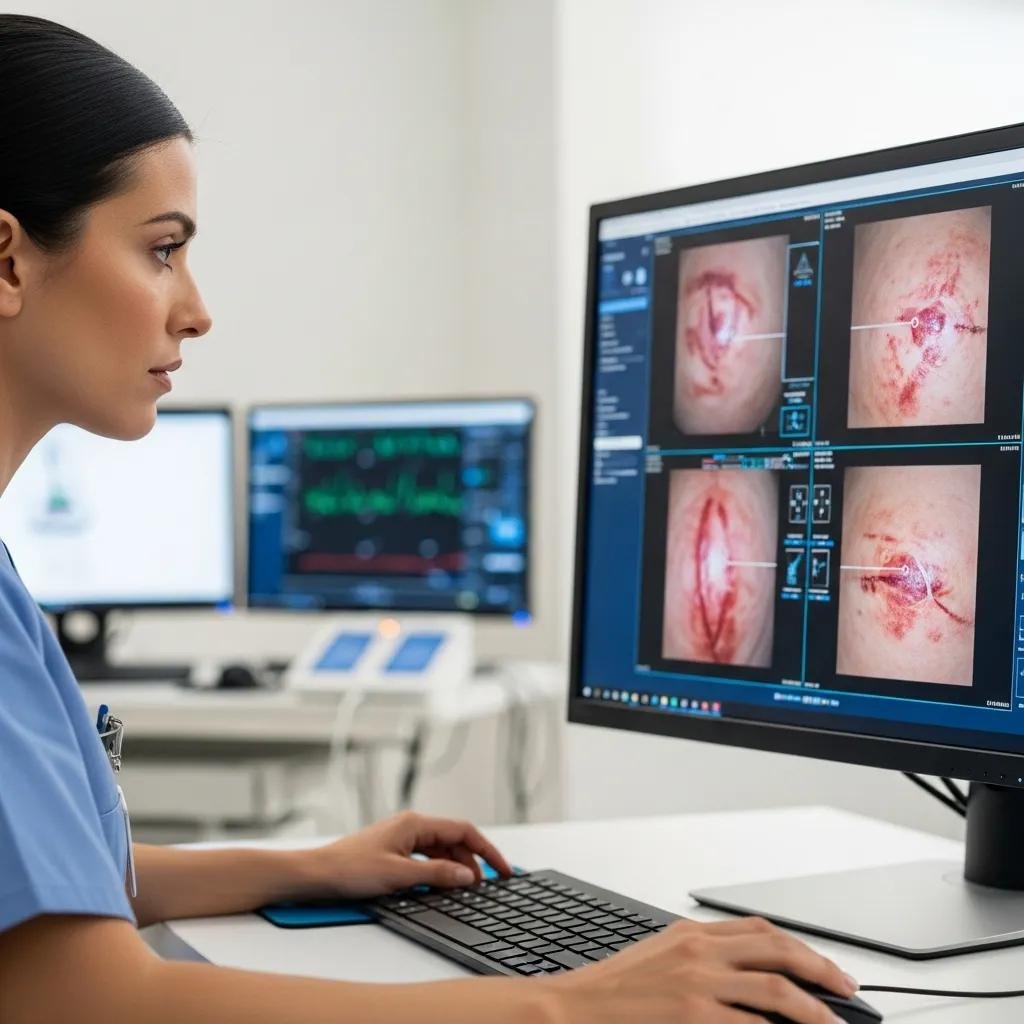 Healthcare professional reviewing digital images of wounds on a computer screen for remote monitoring and assessment in telehealth wound care.