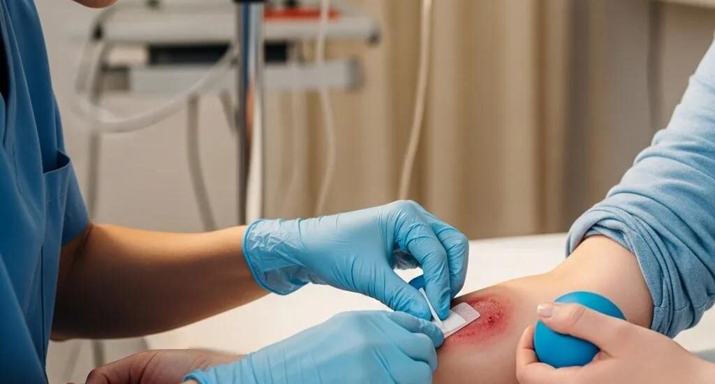 Healthcare professional applying treatment to a burn wound, emphasizing care and professionalism in a clinical setting.