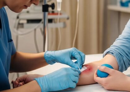 Healthcare professional treating a burn wound, emphasizing care and professionalism