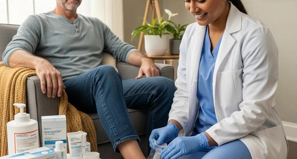 Healthcare professional providing at-home wound care treatment to a patient, featuring advanced wound care products on a table, emphasizing mobile healing solutions.