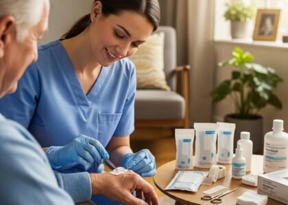 Healthcare professional providing wound care treatment in a home setting, using advanced care products on a patient's arm, with various medical supplies visible on a table.