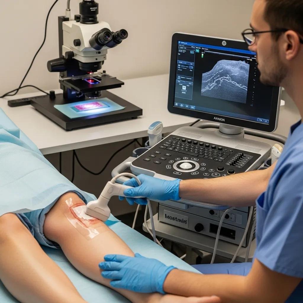 Healthcare professional using advanced diagnostic ultrasound techniques on a patient's leg with a chronic wound, assessing for biofilm presence, with a microscope and imaging monitor in the background.